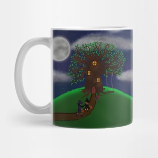 House on a hill with Trick-or-treaters Mug